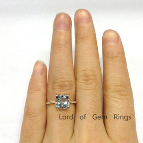 Cushion Blue Aquamarine Hidden Diamond Halo Engagement Ring - Lord of Gem Rings