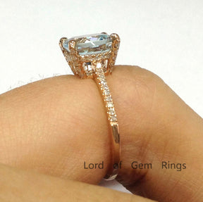 Cushion Blue Aquamarine Hidden Diamond Halo Engagement Ring - Lord of Gem Rings