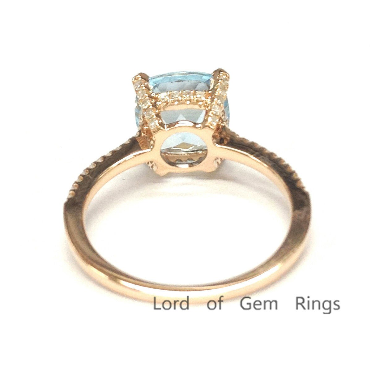 Cushion Blue Aquamarine Hidden Diamond Halo Engagement Ring - Lord of Gem Rings