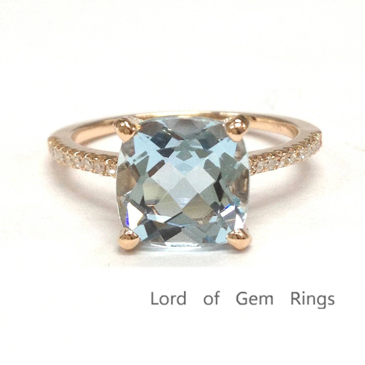 Cushion Blue Aquamarine Hidden Diamond Halo Engagement Ring - Lord of Gem Rings