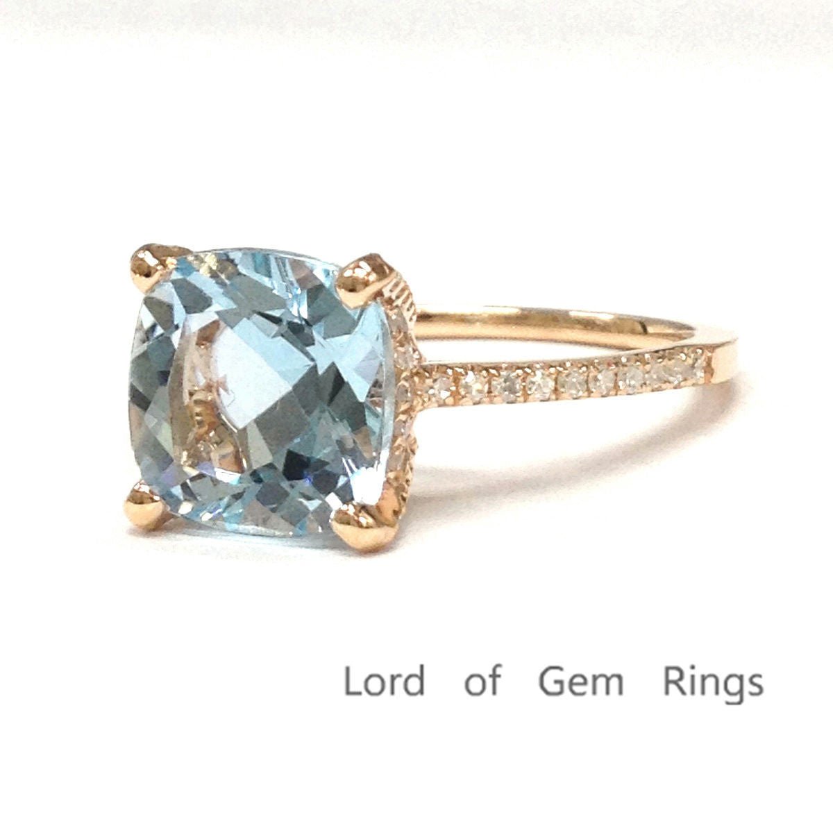 Cushion Blue Aquamarine Hidden Diamond Halo Engagement Ring - Lord of Gem Rings