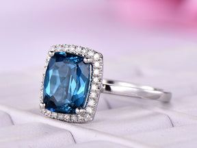 Cushion Blue Topaz Diamond Halo Engagement Ring 14K White Gold - Lord of Gem Rings
