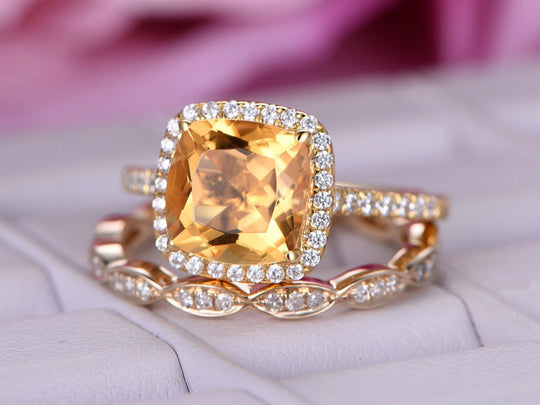 Cushion Citrine Art Deco Diamond Bridal Set 14K Yellow Gold