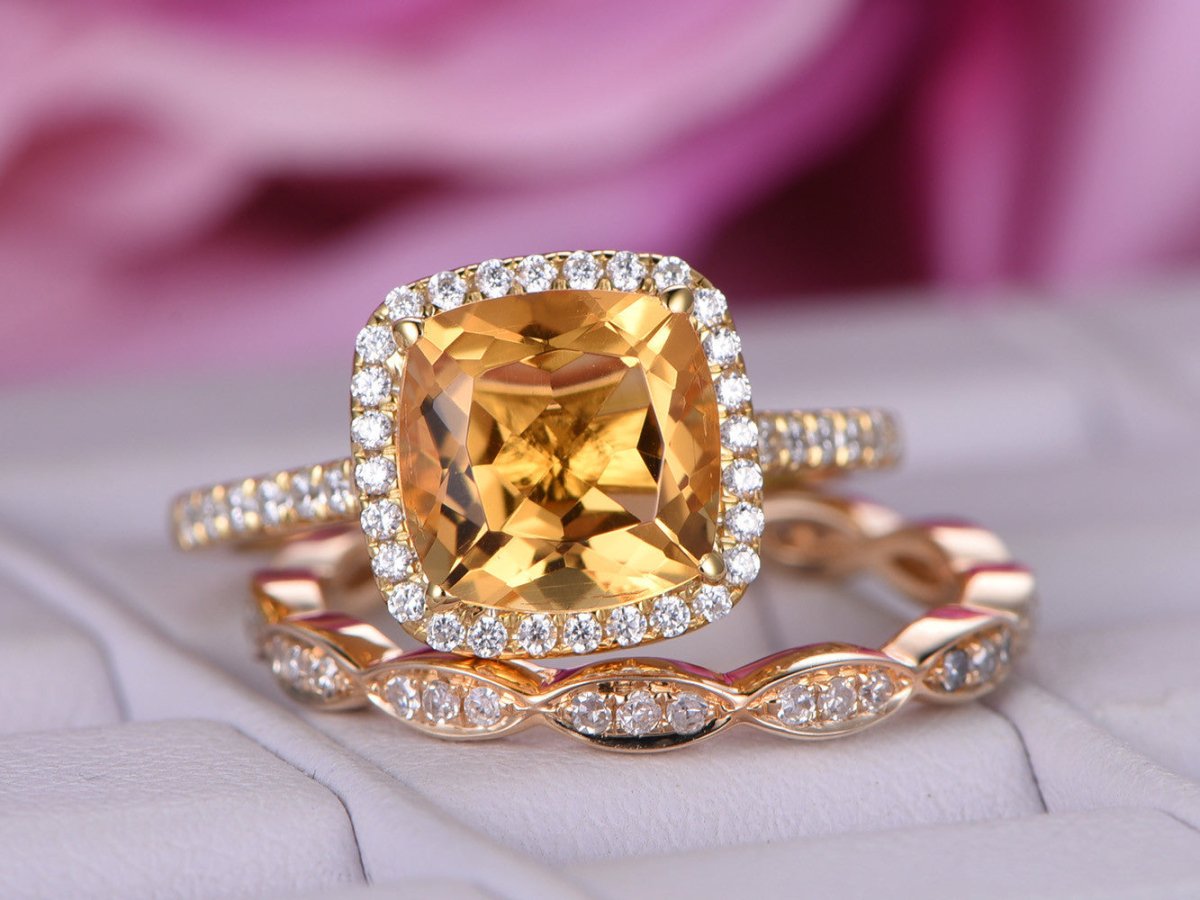 Cushion Citrine Art Deco Diamond Bridal Set 14K Yellow Gold - Lord of Gem Rings