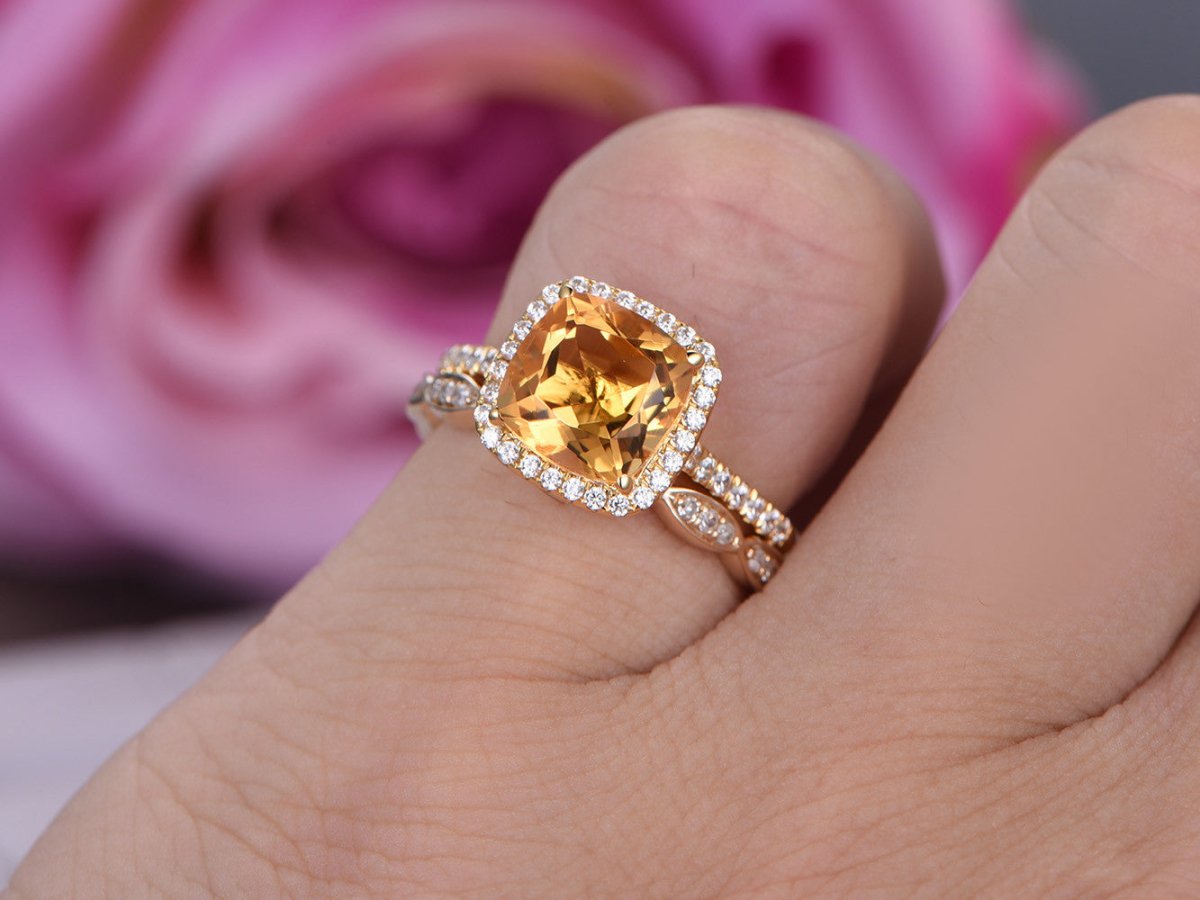 Cushion Citrine Art Deco Diamond Bridal Set 14K Yellow Gold - Lord of Gem Rings