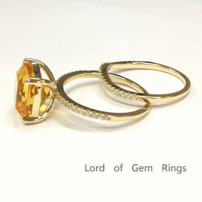 Cushion Citrine Curved Diamond Band Bridal Set 14K Yellow Gold - Lord of Gem Rings