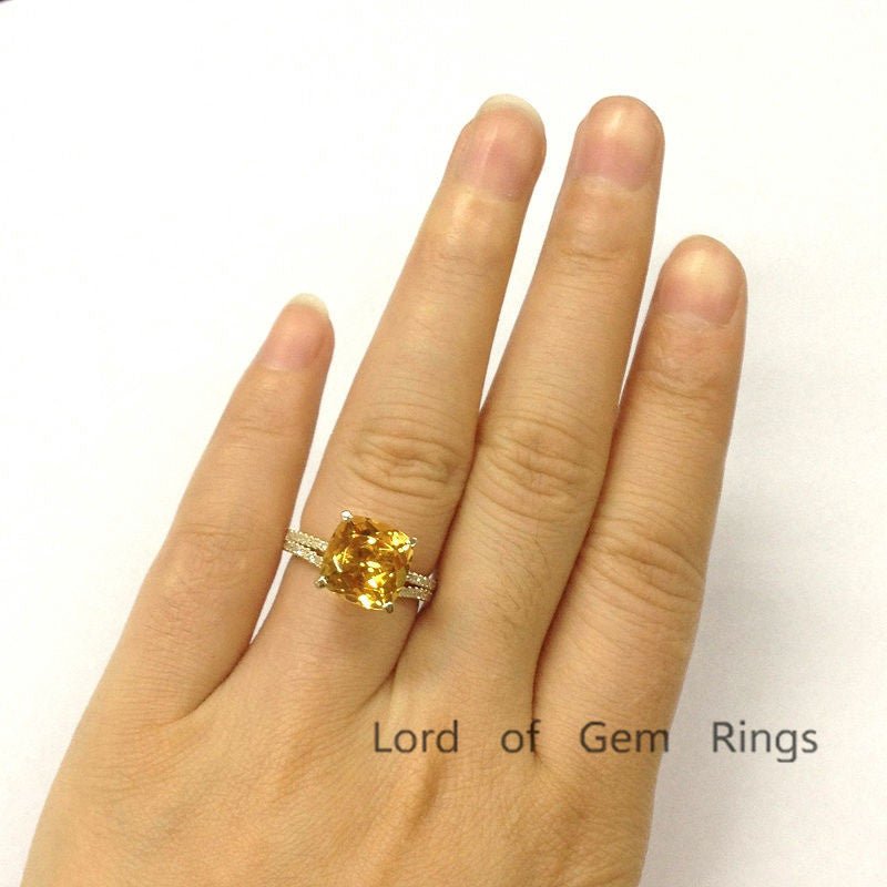 Cushion Citrine Curved Diamond Band Bridal Set 14K Yellow Gold - Lord of Gem Rings