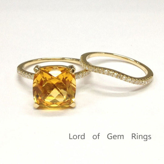 Cushion Citrine Curved Diamond Band Bridal Set 14K Yellow Gold