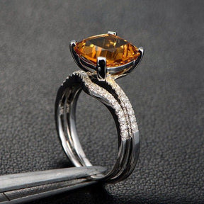 Cushion Citrine Curved Diamond Band Bridal Set 14K Yellow Gold - Lord of Gem Rings