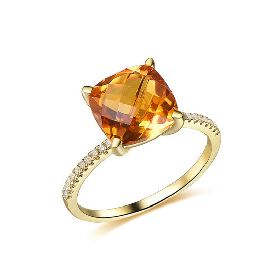 Cushion Citrine Diamond Engagement Ring 14K Gold