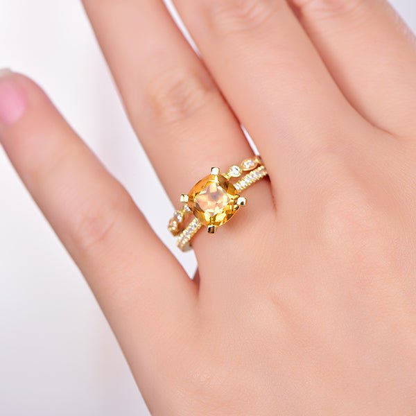 Cushion Citrine Diamond Engagement Ring Art Deco Bridal Set, 14K Gold/Silver - Lord of Gem Rings