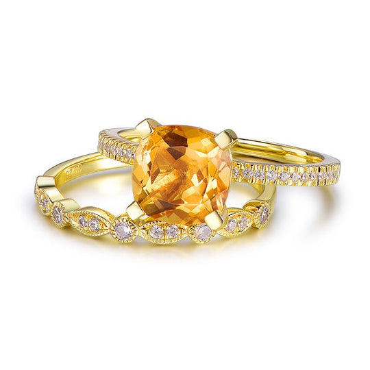 Cushion Citrine Diamond Engagement Ring Art Deco Bridal Set, 14K Gold/Silver
