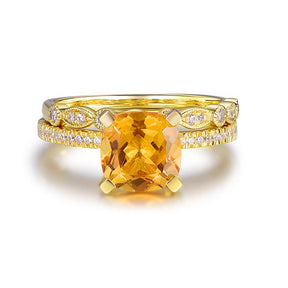 Cushion Citrine Diamond Engagement Ring Art Deco Bridal Set, 14K Gold/Silver - Lord of Gem Rings