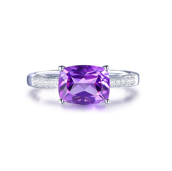 Cushion Dark Amethyst E-W Ring Diamond Accents Side Shank - Lord of Gem Rings