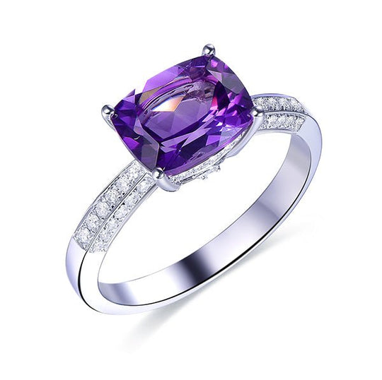 Cushion Dark Amethyst E-W Ring Diamond Accents Side Shank