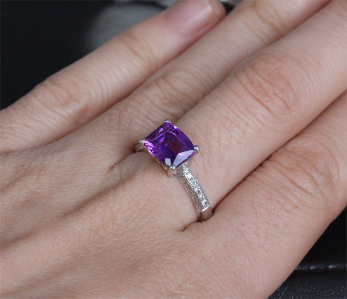 Cushion Dark Amethyst E-W Ring Diamond Accents Side Shank - Lord of Gem Rings