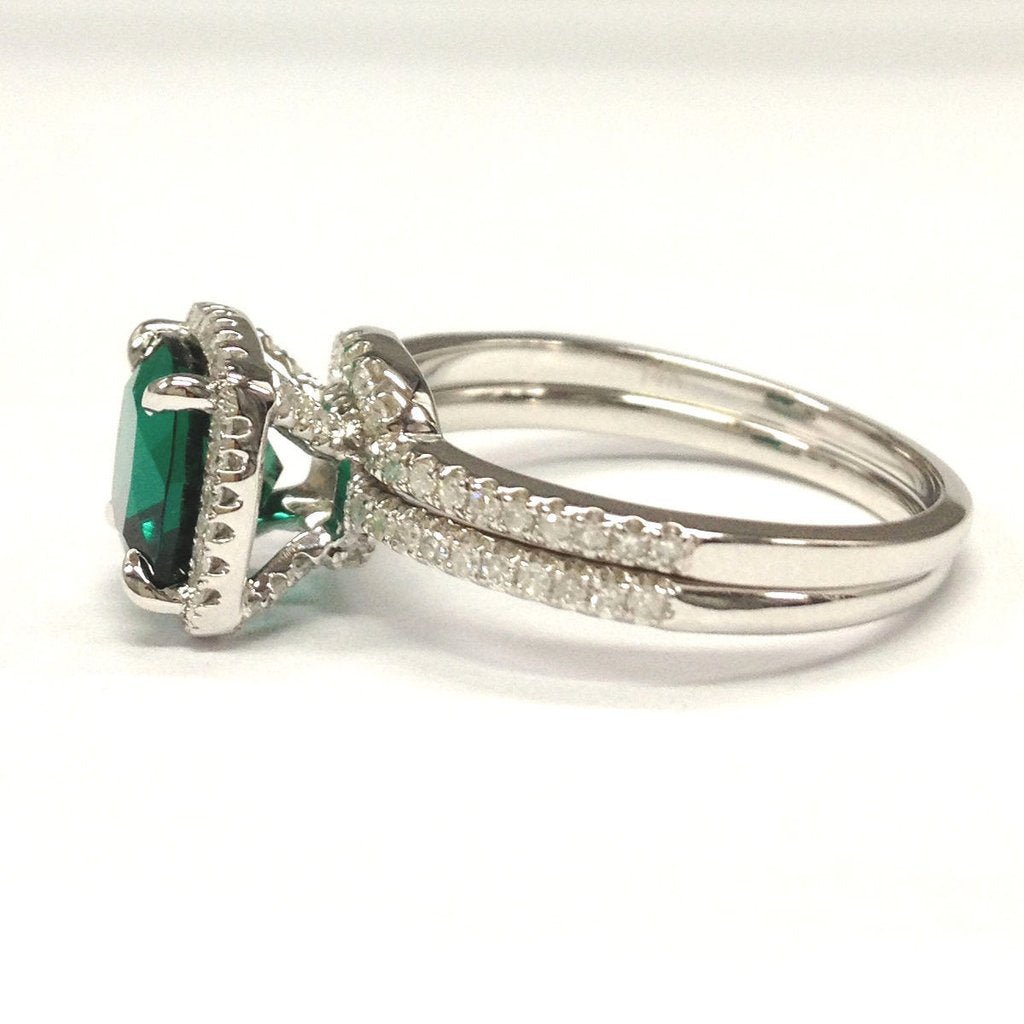 Cushion Emerald Contour Diamond Bridal Set 14K White Gold - Lord of Gem Rings