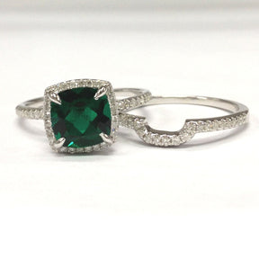 Cushion Emerald Contour Diamond Bridal Set 14K White Gold - Lord of Gem Rings