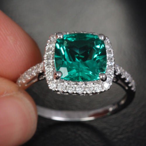 Cushion Emerald Diamond Halo Engagement Ring - Lord of Gem Rings