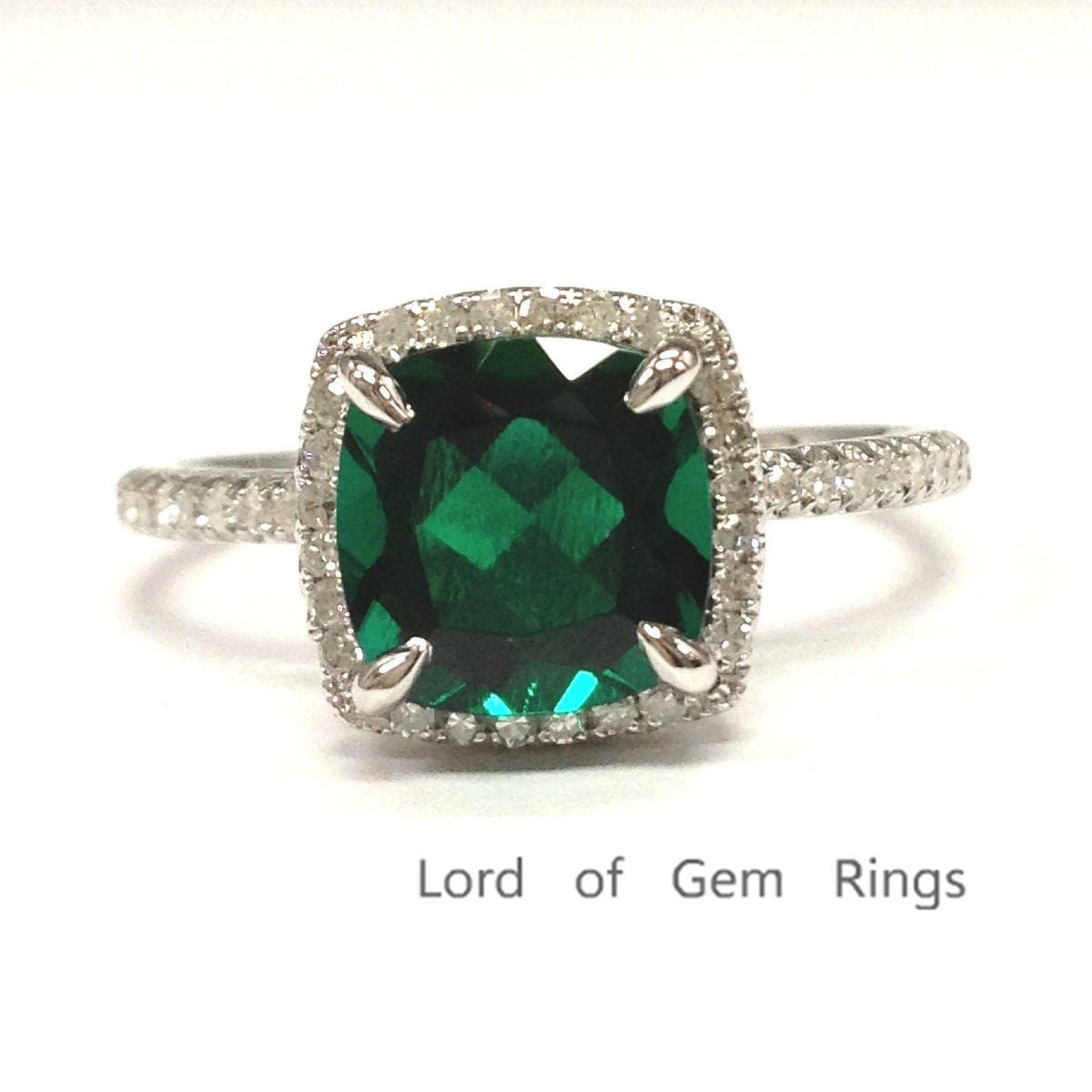 Cushion Emerald Diamond Halo Hidden Accents Ring - Lord of Gem Rings