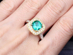 Cushion Emerald Diamond Milgrain Halo Ring in 14k Two Tone Gold - Lord of Gem Rings