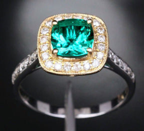 Cushion Emerald Diamond Milgrain Halo Ring in 14k Two Tone Gold - Lord of Gem Rings