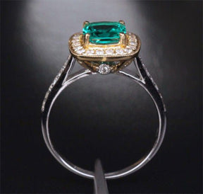 Cushion Emerald Diamond Milgrain Halo Ring in 14k Two Tone Gold - Lord of Gem Rings
