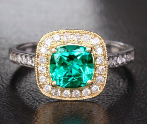 Cushion Emerald Diamond Milgrain Halo Ring in 14k Two Tone Gold