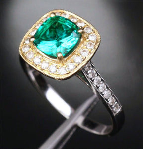 Cushion Emerald Diamond Milgrain Halo Ring in 14k Two Tone Gold - Lord of Gem Rings