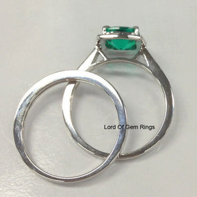 Cushion Emerald Engagement Ring Sets Pave Diamonds Wedding 14K White Gold,8x8mm Claw Prongs - Lord of Gem Rings