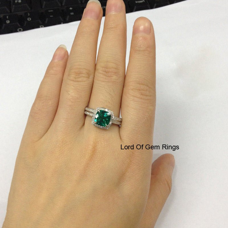 Cushion Emerald Engagement Ring Sets Pave Diamonds Wedding 14K White Gold,8x8mm Claw Prongs - Lord of Gem Rings