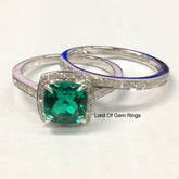 Cushion Emerald Engagement Ring Sets Pave Diamonds Wedding 14K White Gold,8x8mm Claw Prongs - Lord of Gem Rings