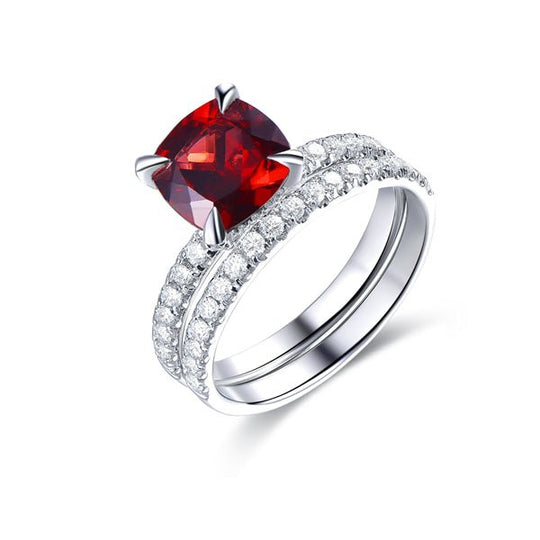 Cushion Garnet Diamond Basket Bridal Set 14K White Gold