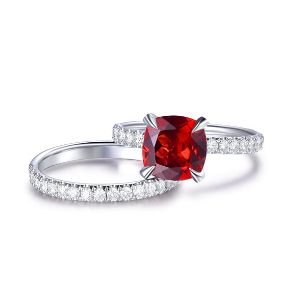 Cushion Garnet Diamond Basket Bridal Set 14K White Gold - Lord of Gem Rings