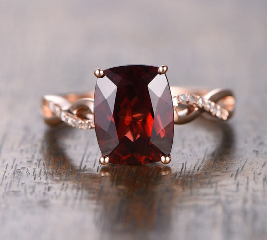 Cushion Garnet Diamond Crossover Engagement Ring 14K Rose Gold