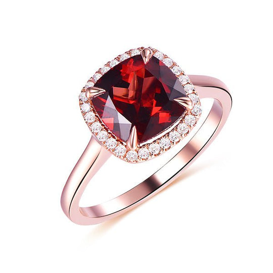 Cushion Garnet Diamond Halo Engagement Ring