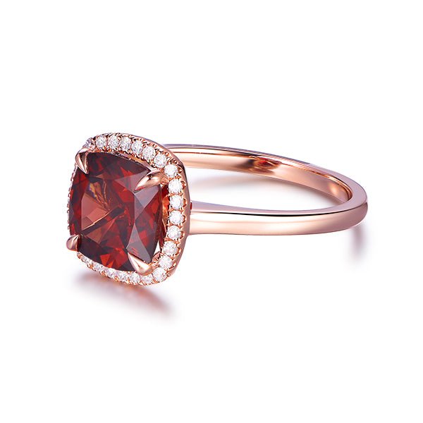 Cushion Garnet Diamond Halo Engagement Ring - Lord of Gem Rings