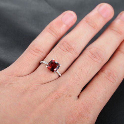 Cushion Garnet Diamond Hidden Halo Engagement Ring 14K White Gold - Lord of Gem Rings