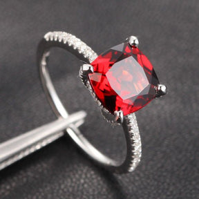 Cushion Garnet Diamond Hidden Halo Engagement Ring 14K White Gold - Lord of Gem Rings