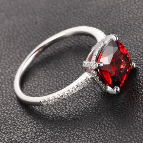 Cushion Garnet Diamond Hidden Halo Engagement Ring 14K White Gold - Lord of Gem Rings