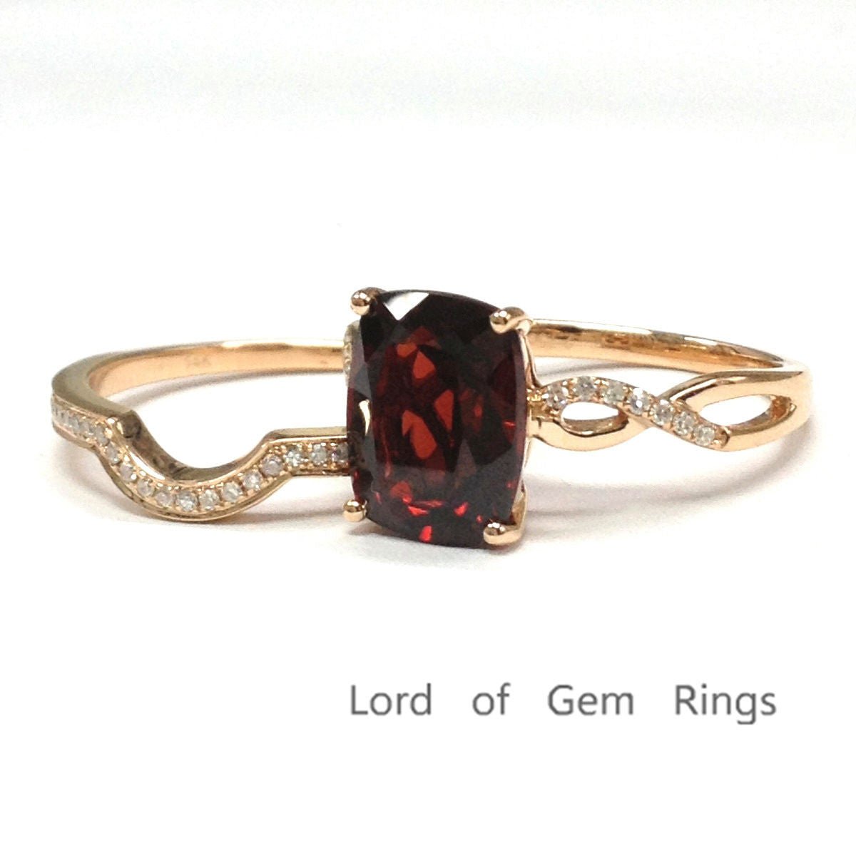 Cushion Garnet Diamond Twisted Bridal Set 14K Rose Gold - Lord of Gem Rings