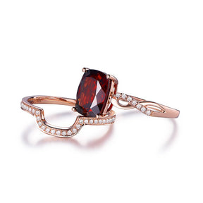 Cushion Garnet Diamond Twisted Bridal Set 14K Rose Gold - Lord of Gem Rings