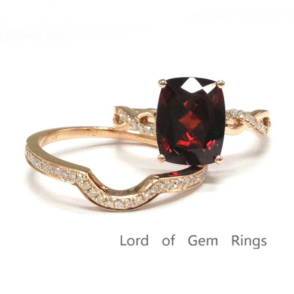 Cushion Garnet Diamond Twisted Bridal Set 14K Rose Gold - Lord of Gem Rings