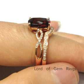 Cushion Garnet Diamond Twisted Bridal Set 14K Rose Gold - Lord of Gem Rings