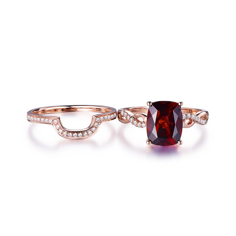 Cushion Garnet Diamond Twisted Bridal Set 14K Rose Gold - Lord of Gem Rings