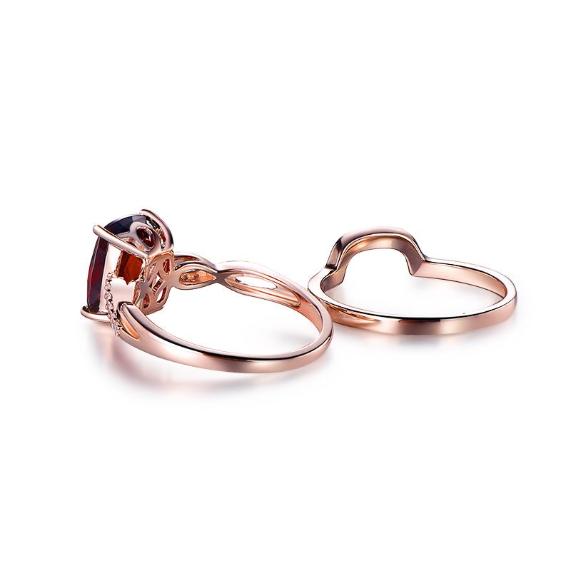 Cushion Garnet Diamond Twisted Bridal Set 14K Rose Gold - Lord of Gem Rings