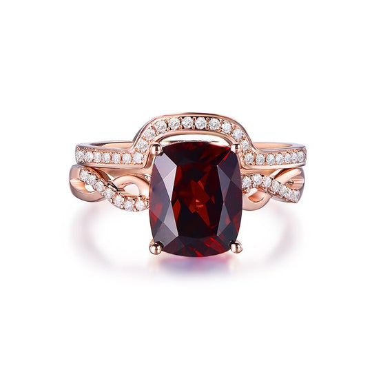 Cushion Garnet Diamond Twisted Bridal Set 14K Rose Gold