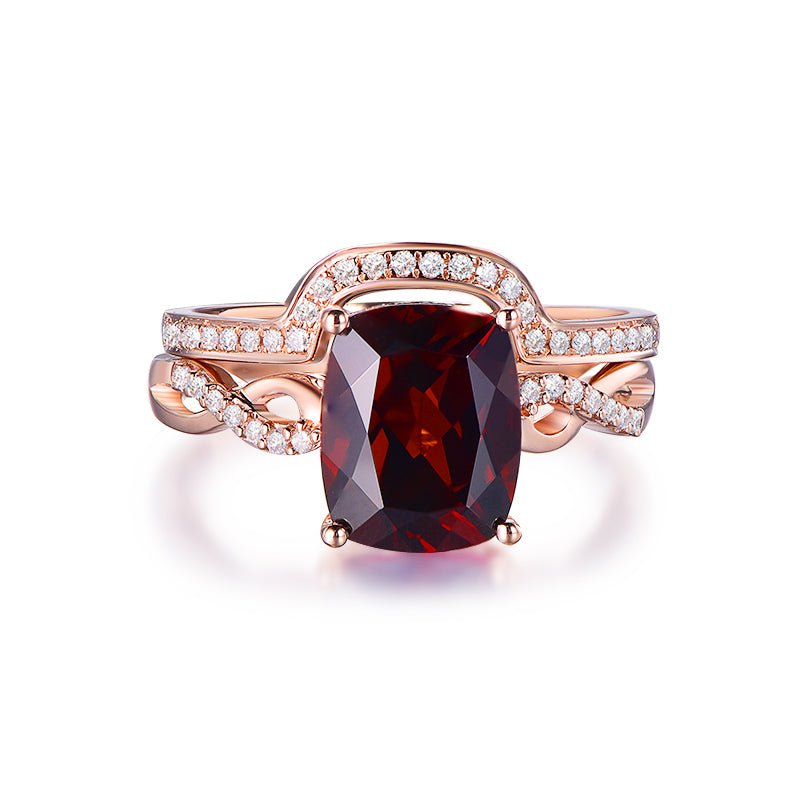 Cushion Garnet Diamond Twisted Bridal Set 14K Rose Gold - Lord of Gem Rings