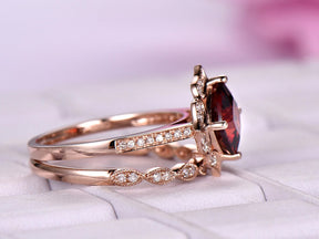 Cushion Garnet Floral Diamond Halo Cathdral Bridal Set 14K Rose Gold - Lord of Gem Rings