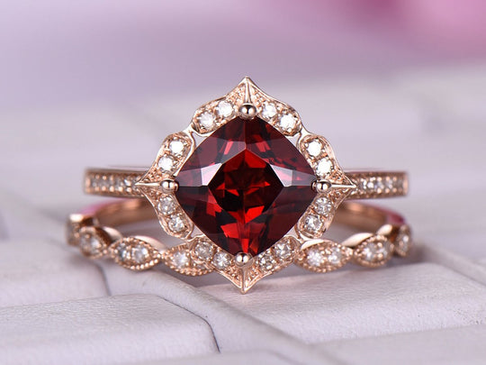 Cushion Garnet Floral Diamond Halo Cathdral Bridal Set 14K Rose Gold